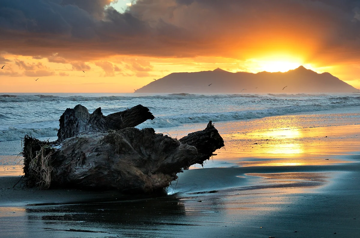 The sea at Terracina at sunset, with Monte Circeo on the horizon.
